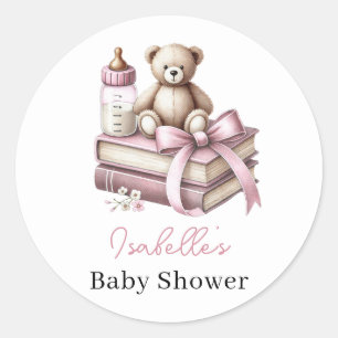 Pegatina Redonda Chica rosado Teddy Bear Baby Shower Nuevo capítulo