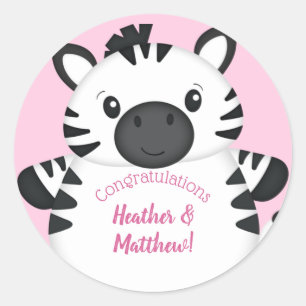 Pegatina Redonda Chica rosado zebra Baby Shower Safari