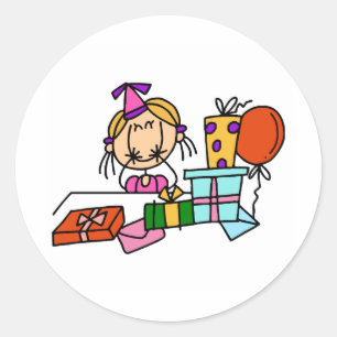 Pegatina Redonda Chica Rubia Cumpleañera con Regalos Camisetas y Re