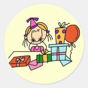Pegatina Redonda Chica Rubia Cumpleañera con Regalos Camisetas y Re