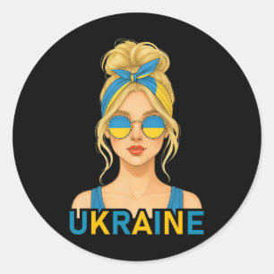 Pegatina Redonda Chica rubia ucraniana Bandera de Ucrania Novia ucr