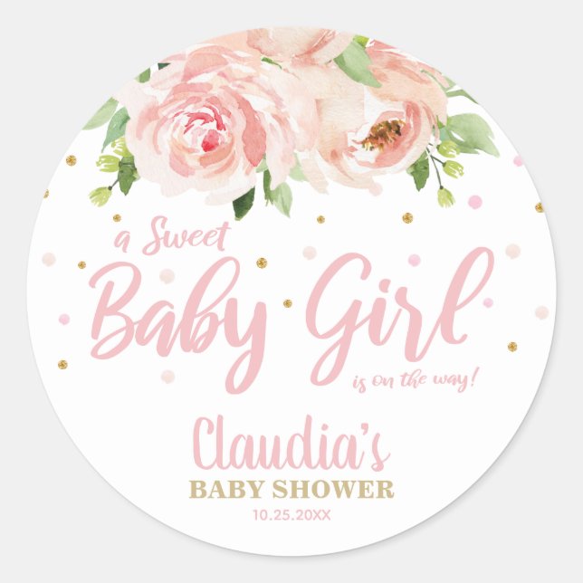 Pegatina Redonda Chica Rubor Pink Floral Baby Shower Gracias Por Fa (Anverso)