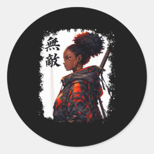 Pegatina Redonda Chica samurái negra anime guerrera afro orgullo af