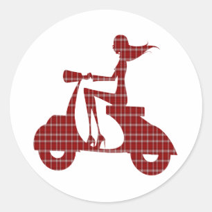 Pegatina Redonda chica scooter rojo gingham blanca