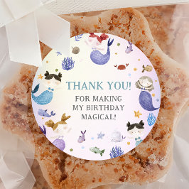 Pegatina Redonda Chica Sirena Primer Fiesta de Cumpleaños