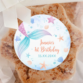 Pegatina Redonda Chica Sirena Primer Fiesta de Cumpleaños