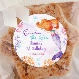 Pegatina Redonda Chica Sirena Primer Fiesta de Cumpleaños