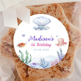 Pegatina Redonda Chica Sirena Primer Fiesta de Cumpleaños