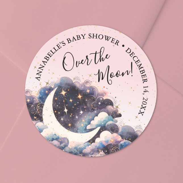 Pegatina Redonda Chica Sobre La Luna Baby Shower (Girl Over The Moon Baby Shower Classic Round Sticker)