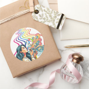 Pegatina Redonda chica soplando burbujas abstractas arte de ilustra