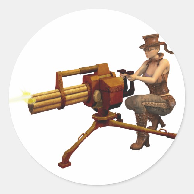 Pegatina Redonda Chica Steampunk con arma (Anverso)