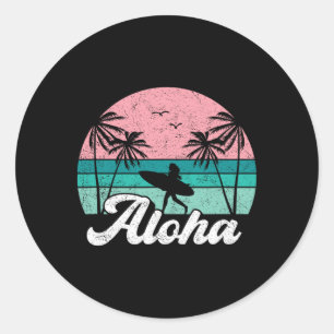 Pegatina Redonda Chica surfista aloha Hawái surf vintage hawaiano