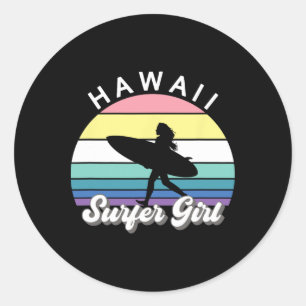Pegatina Redonda Chica Surfista Hawaii Vintage Surf Hawaiano Surf B