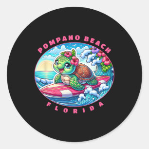 Pegatina Redonda Chica Surfista Linda Tortuga Marina Playa Pompano 