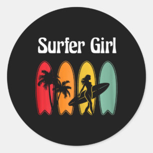 Pegatina Redonda Chica surfista tabla de surf mujeres retro