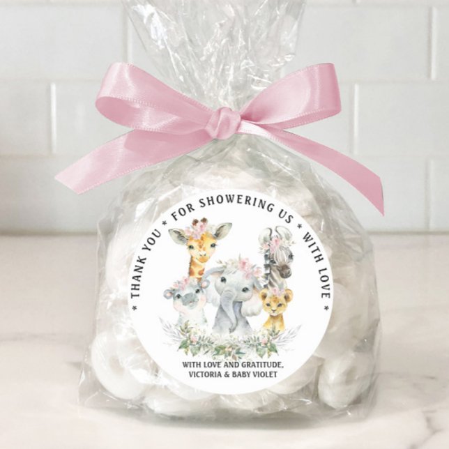 Pegatina Redonda Chica Sweet Safari Baby Shower (Girl safari baby shower favor tags.)