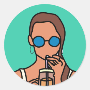 Pegatina Redonda Chica tomando té de burbuja adolescente moderno
