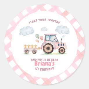 Pegatina Redonda Chica Tractor Rosa Granja Cumpleaños Cualquier Eda