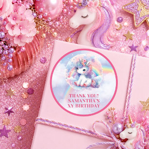 Pegatina Redonda Chica Unicornio Cumpleaños Fiesta Sti Rosa Purpura