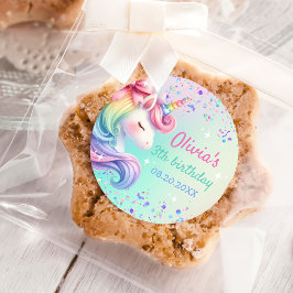 Pegatina Redonda Chica Unicornio Cumpleaños Pastel Mágico Arcoíris