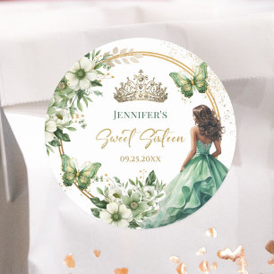 Pegatina Redonda Chica verde esmeralda Princesa Tiara Dulce Floral