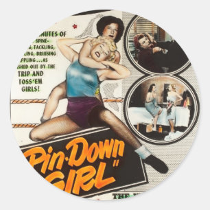 Pegatina Redonda Chica Vintage Lady Wrestlers Poster