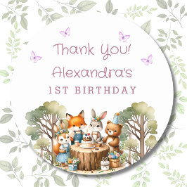 Pegatina Redonda Chica Woodland Animals 1er cumpleaños Gracias