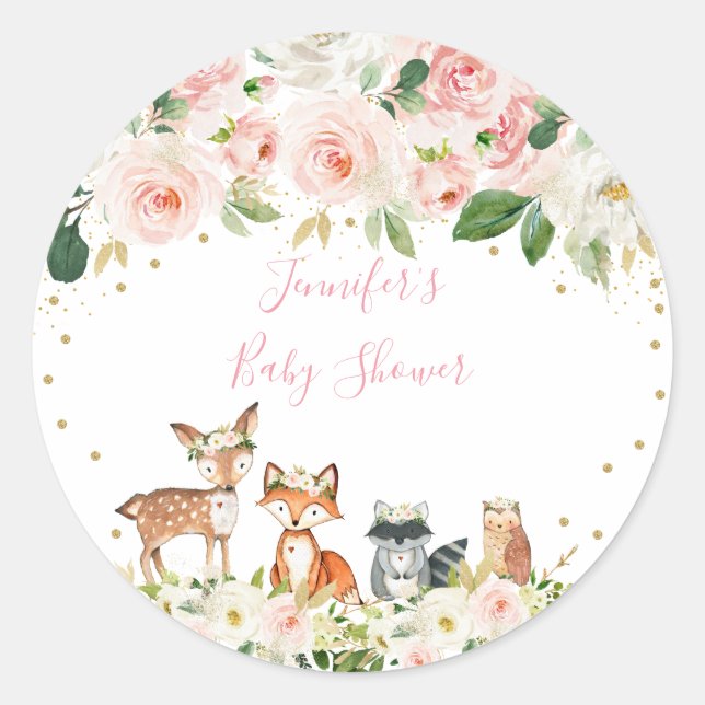 Pegatina Redonda Chica Woodland Baby Shower Rubor Floral (Anverso)