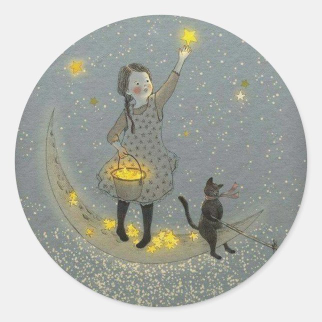 Pegatina Redonda Chica y gato en la luna y las estrellas (Anverso)
