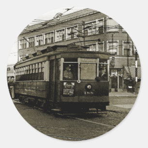 PEGATINA REDONDA CHICAGO 63 Y OCCIDENTE 1952 TROLLEY ART SEPIA