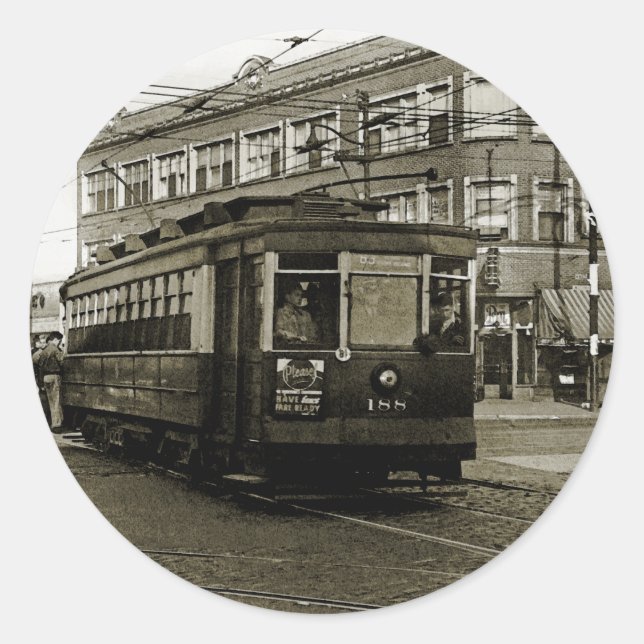 PEGATINA REDONDA CHICAGO 63 Y OCCIDENTE 1952 TROLLEY ART SEPIA (Anverso)
