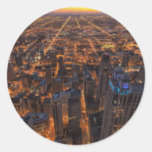 Pegatina Redonda Chicago céntrica en la puesta del sol