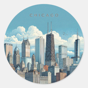 Pegatina Redonda Chicago Horizonte Azul Moderno