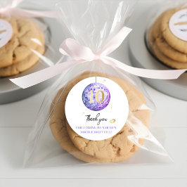 Pegatina Redonda Chicas 10.ª fiesta de cumpleaños Purple Gold Glam 