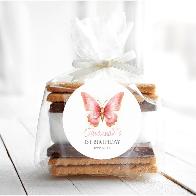 Pegatina Redonda Chicas acribillan mariposa rosa primer Fiesta de c (butterfly 1st birthday favor tags gift tag)