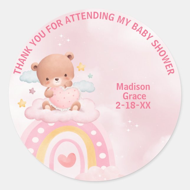 Pegatina Redonda Chicas arcoiris de Teddy Bear Baby Shower (Anverso)