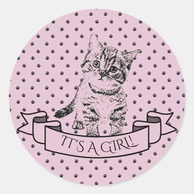 Pegatina Redonda Chicas cortan Baby Shower morado de gato gatito (Anverso)