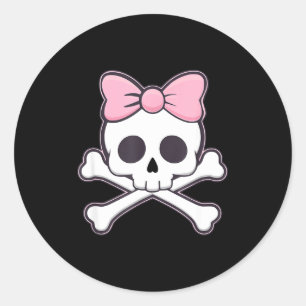 Pegatina Redonda Chicas Cráneo Lindo Con Lazo Rosa Kawaii Cráneo Go