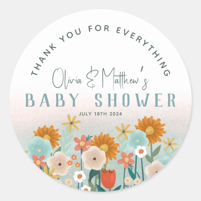 Pegatina Redonda Chicas Cute Floral Gracias Baby Shower Favor (Anverso)