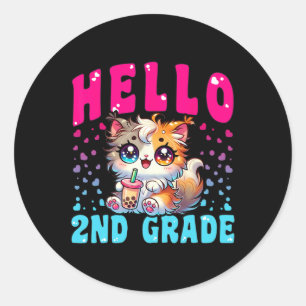 Pegatina Redonda Chicas Cute Hello De 2º Grado Cat Para El Primer D