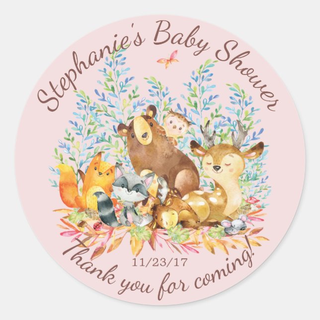 Pegatina Redonda Chicas de animales de Woodland Baby Shower favorec (Anverso)