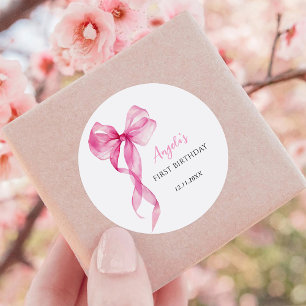 Pegatina Redonda Chicas de Bow Rosado Primer Cumpleaños
