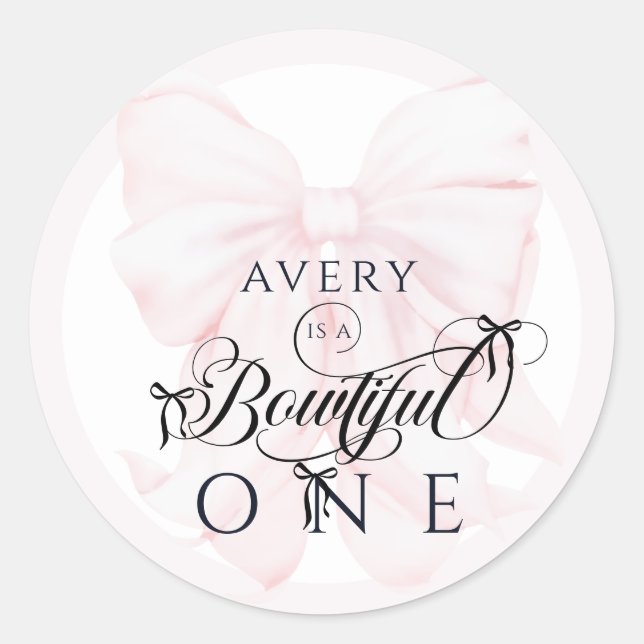 Pegatina Redonda Chicas de Bowtiful One First Birthday Pink Bow (Anverso)