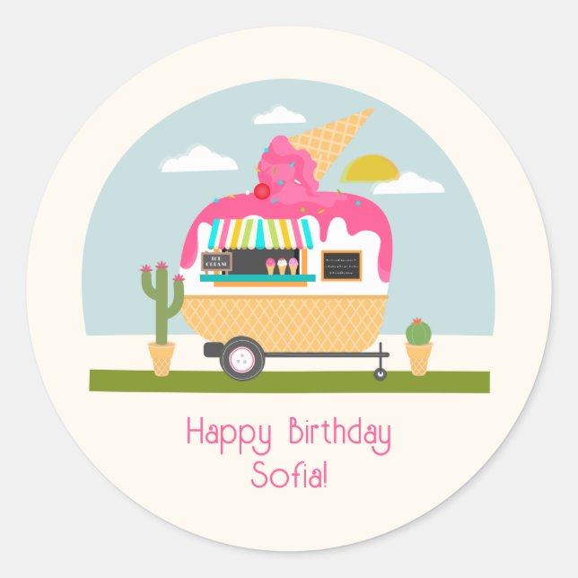 Pegatina Redonda Chicas de Camión de Hielo Cream Camper Cumpleaños  (Anverso)