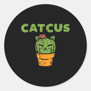 Pegatina Redonda Chicas de Cat Cactus Cute Succulent Plant Kitten