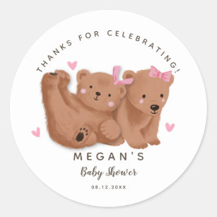 Pegatina Redonda Chicas de Cub Twin Bears Baby Shower 