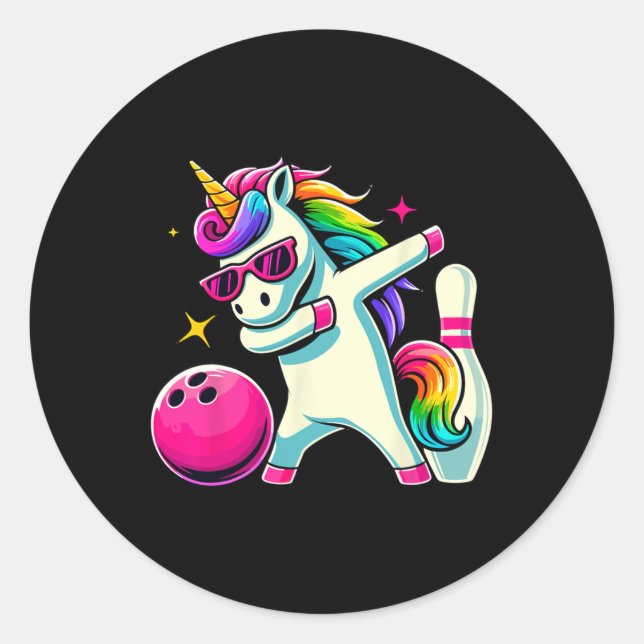 Pegatina Redonda Chicas de cumpleaños de Unicorn Dabbing Bowling (Anverso)