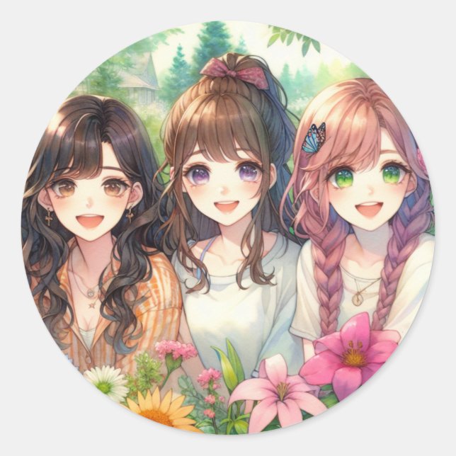 Pegatina Redonda Chicas de Cute Anime