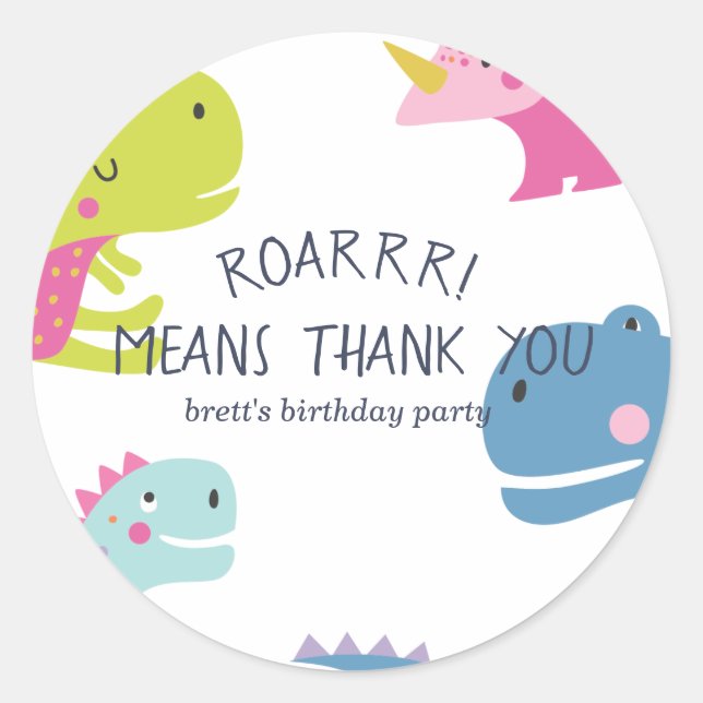 Pegatina Redonda Chicas de Dinosaur Roar Birday Pink (Anverso)