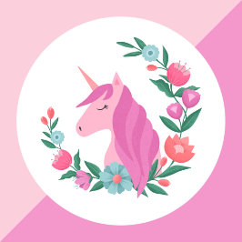 Pegatina Redonda Chicas de Floral Wreath Unicorn bonito